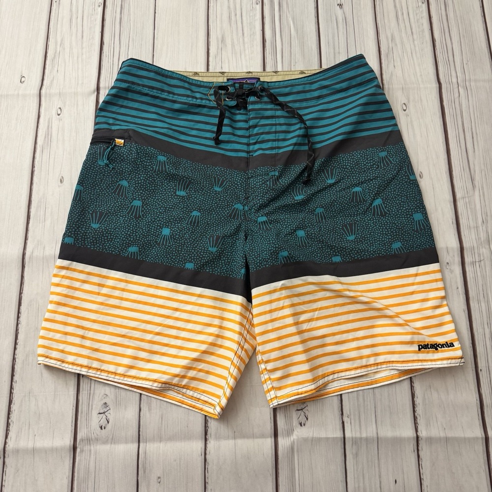 Patagonia Mens Stretch Planing Board Shorts Jellyfish Stripe Drawstring Size 33‎